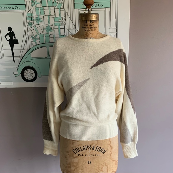 Vintage Christian Dior Cream and Brown Women's Wool/Angora Sweater - Picture 1 of 6
